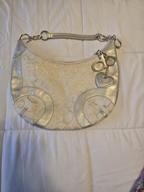 bebe Metallic Silver Shoulder Bag with Heart Charm